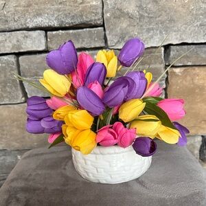 handmade Tulip Arrangement in Ceramic Easter Basket